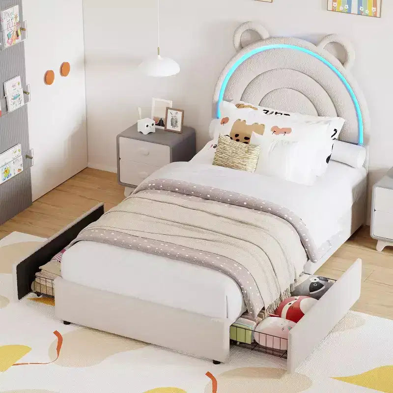 Cadre de lit double rembourré avec 2 tiroirs de rangement et tête de lit arc-en-ciel LED, lit plateforme pour enfants, support à lattes en bois massif, pas besoin de sommier tapissier