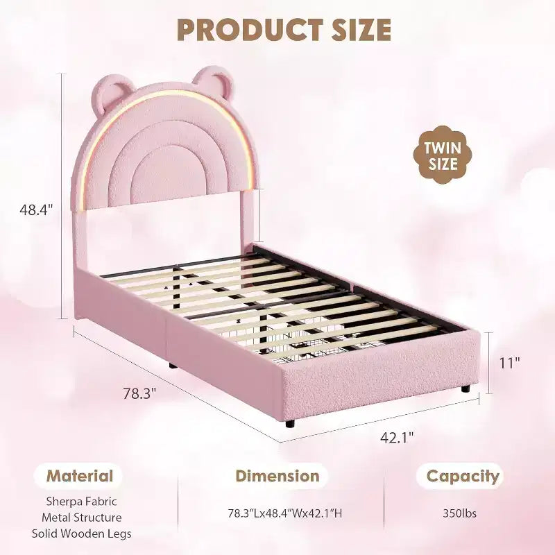 Cadre de lit double rembourré avec 2 tiroirs de rangement et tête de lit arc-en-ciel LED, lit plateforme pour enfants, support à lattes en bois massif, pas besoin de sommier tapissier
