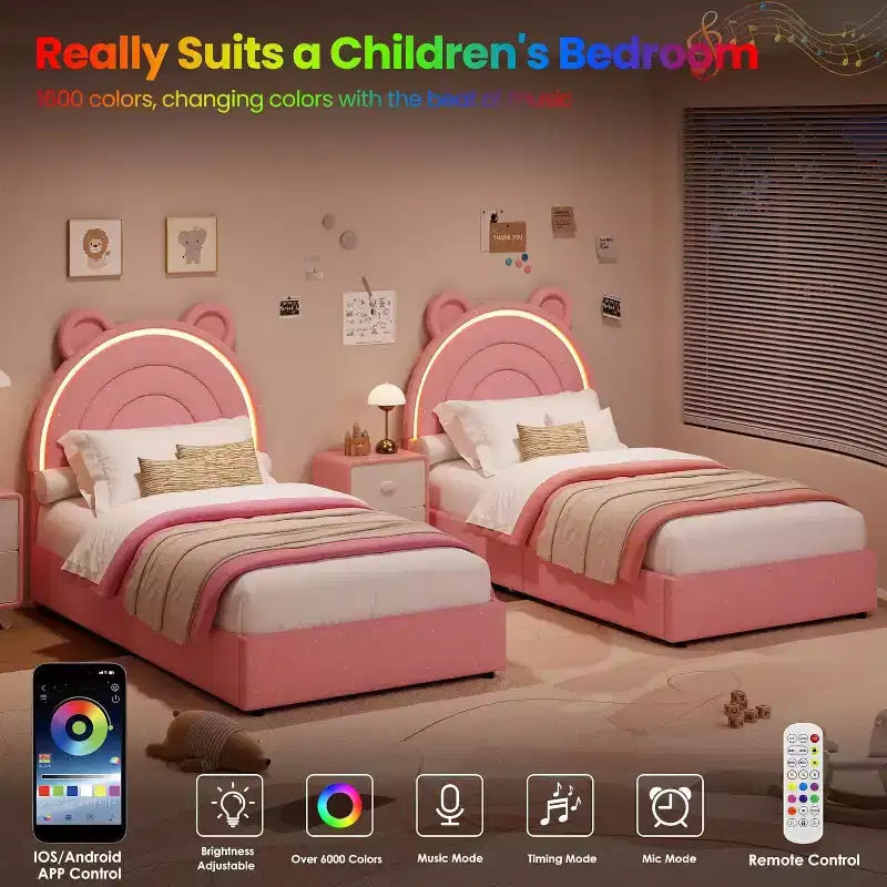 Cadre de lit double rembourré avec 2 tiroirs de rangement et tête de lit arc-en-ciel LED, lit plateforme pour enfants, support à lattes en bois massif, pas besoin de sommier tapissier
