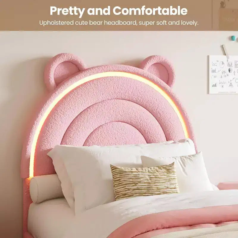 Cadre de lit double rembourré avec 2 tiroirs de rangement et tête de lit arc-en-ciel LED, lit plateforme pour enfants, support à lattes en bois massif, pas besoin de sommier tapissier