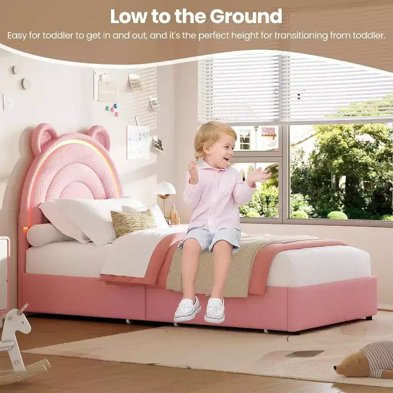 Cadre de lit double rembourré avec 2 tiroirs de rangement et tête de lit arc-en-ciel LED, lit plateforme pour enfants, support à lattes en bois massif, pas besoin de sommier tapissier