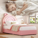 Cadre de lit double rembourré avec 2 tiroirs de rangement et tête de lit arc-en-ciel LED, lit plateforme pour enfants, support à lattes en bois massif, pas besoin de sommier tapissier