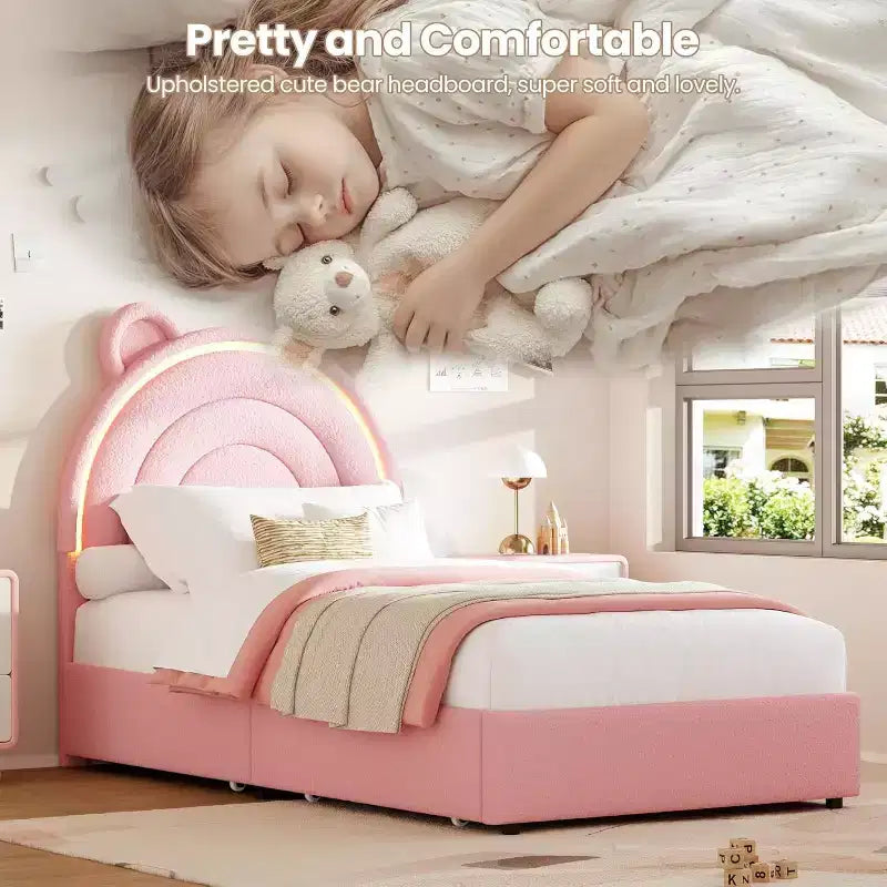 Cadre de lit double rembourré avec 2 tiroirs de rangement et tête de lit arc-en-ciel LED, lit plateforme pour enfants, support à lattes en bois massif, pas besoin de sommier tapissier