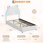 Cadre de lit double rembourré avec 2 tiroirs de rangement et tête de lit arc-en-ciel LED, lit plateforme pour enfants, support à lattes en bois massif, pas besoin de sommier tapissier
