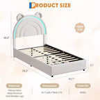 Cadre de lit double rembourré avec 2 tiroirs de rangement et tête de lit arc-en-ciel LED, lit plateforme pour enfants, support à lattes en bois massif, pas besoin de sommier tapissier