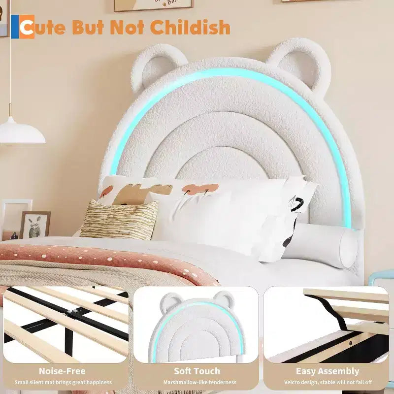 Cadre de lit double rembourré avec 2 tiroirs de rangement et tête de lit arc-en-ciel LED, lit plateforme pour enfants, support à lattes en bois massif, pas besoin de sommier tapissier