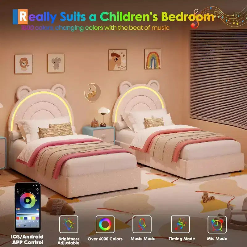 Cadre de lit double rembourré avec 2 tiroirs de rangement et tête de lit arc-en-ciel LED, lit plateforme pour enfants, support à lattes en bois massif, pas besoin de sommier tapissier