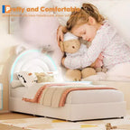 Cadre de lit double rembourré avec 2 tiroirs de rangement et tête de lit arc-en-ciel LED, lit plateforme pour enfants, support à lattes en bois massif, pas besoin de sommier tapissier