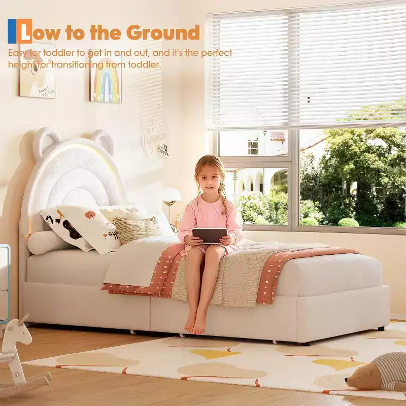 Cadre de lit double rembourré avec 2 tiroirs de rangement et tête de lit arc-en-ciel LED, lit plateforme pour enfants, support à lattes en bois massif, pas besoin de sommier tapissier