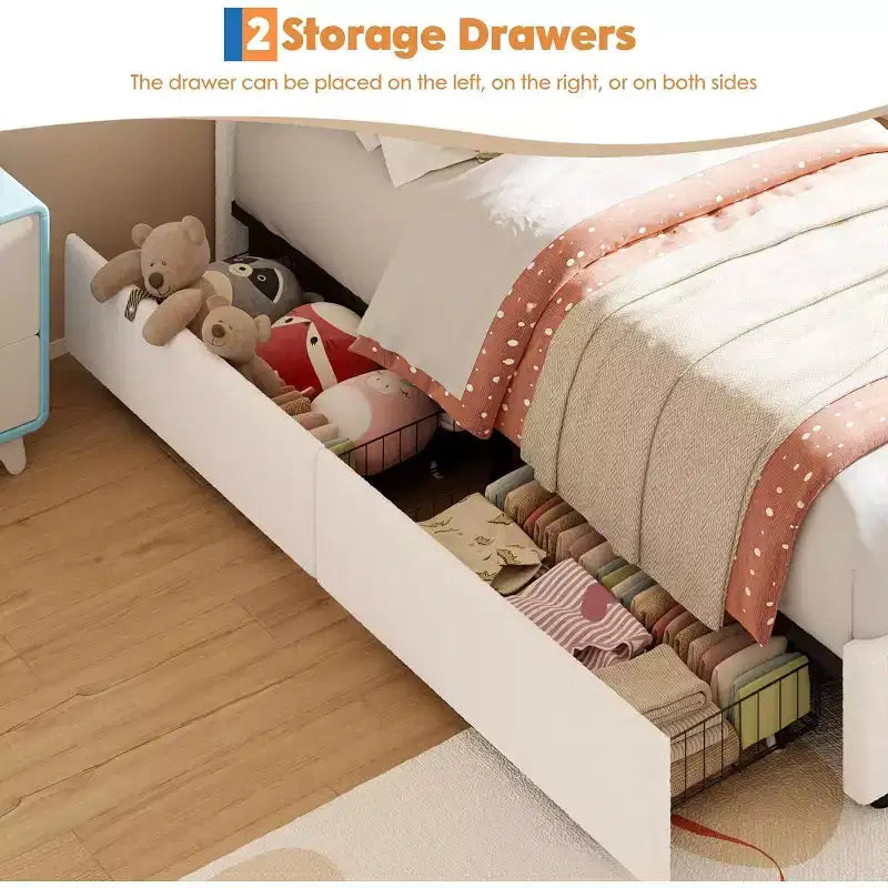 Cadre de lit double rembourré avec 2 tiroirs de rangement et tête de lit arc-en-ciel LED, lit plateforme pour enfants, support à lattes en bois massif, pas besoin de sommier tapissier