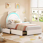 Cadre de lit double rembourré avec 2 tiroirs de rangement et tête de lit arc-en-ciel LED, lit plateforme pour enfants, support à lattes en bois massif, pas besoin de sommier tapissier