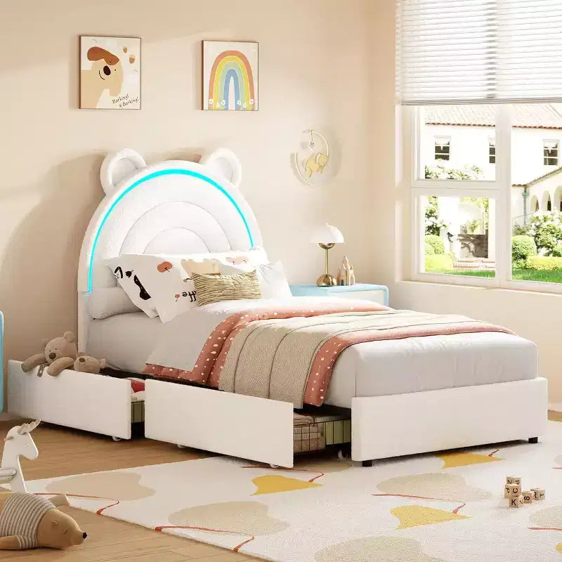 Cadre de lit double rembourré avec 2 tiroirs de rangement et tête de lit arc-en-ciel LED, lit plateforme pour enfants, support à lattes en bois massif, pas besoin de sommier tapissier
