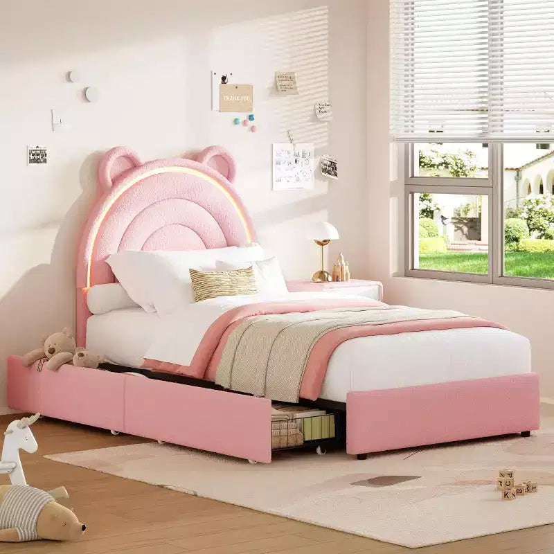 Cadre de lit double rembourré avec 2 tiroirs de rangement et tête de lit arc-en-ciel LED, lit plateforme pour enfants, support à lattes en bois massif, pas besoin de sommier tapissier