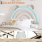 Cadre de lit double rembourré avec 2 tiroirs de rangement et tête de lit arc-en-ciel LED, lit plateforme pour enfants, support à lattes en bois massif, pas besoin de sommier tapissier