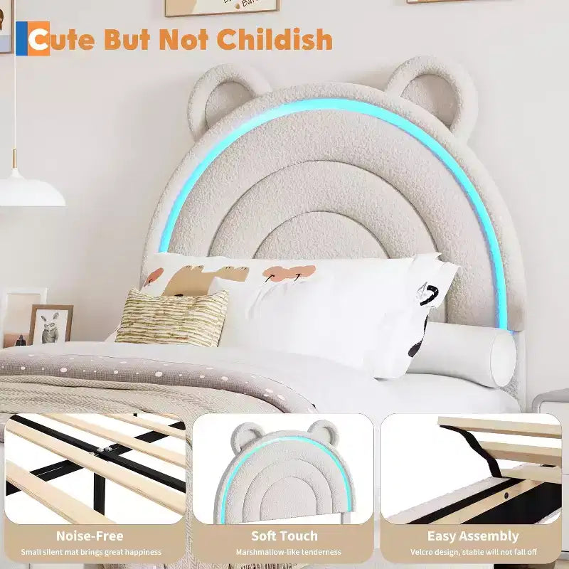 Cadre de lit double rembourré avec 2 tiroirs de rangement et tête de lit arc-en-ciel LED, lit plateforme pour enfants, support à lattes en bois massif, pas besoin de sommier tapissier