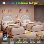 Cadre de lit double rembourré avec 2 tiroirs de rangement et tête de lit arc-en-ciel LED, lit plateforme pour enfants, support à lattes en bois massif, pas besoin de sommier tapissier