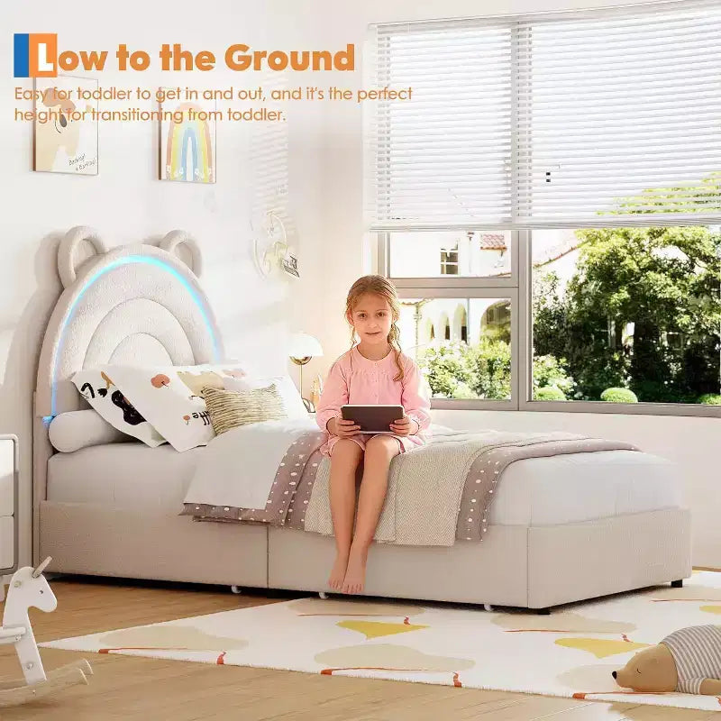 Cadre de lit double rembourré avec 2 tiroirs de rangement et tête de lit arc-en-ciel LED, lit plateforme pour enfants, support à lattes en bois massif, pas besoin de sommier tapissier