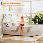 Cadre de lit double rembourré avec 2 tiroirs de rangement et tête de lit arc-en-ciel LED, lit plateforme pour enfants, support à lattes en bois massif, pas besoin de sommier tapissier