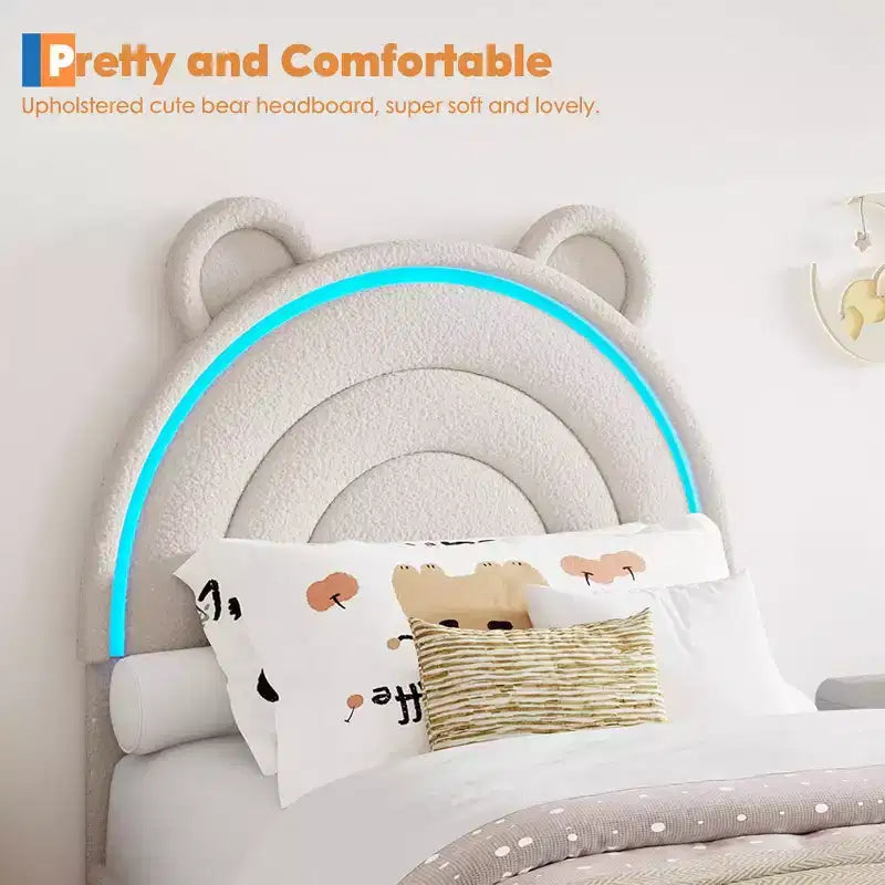 Cadre de lit double rembourré avec 2 tiroirs de rangement et tête de lit arc-en-ciel LED, lit plateforme pour enfants, support à lattes en bois massif, pas besoin de sommier tapissier