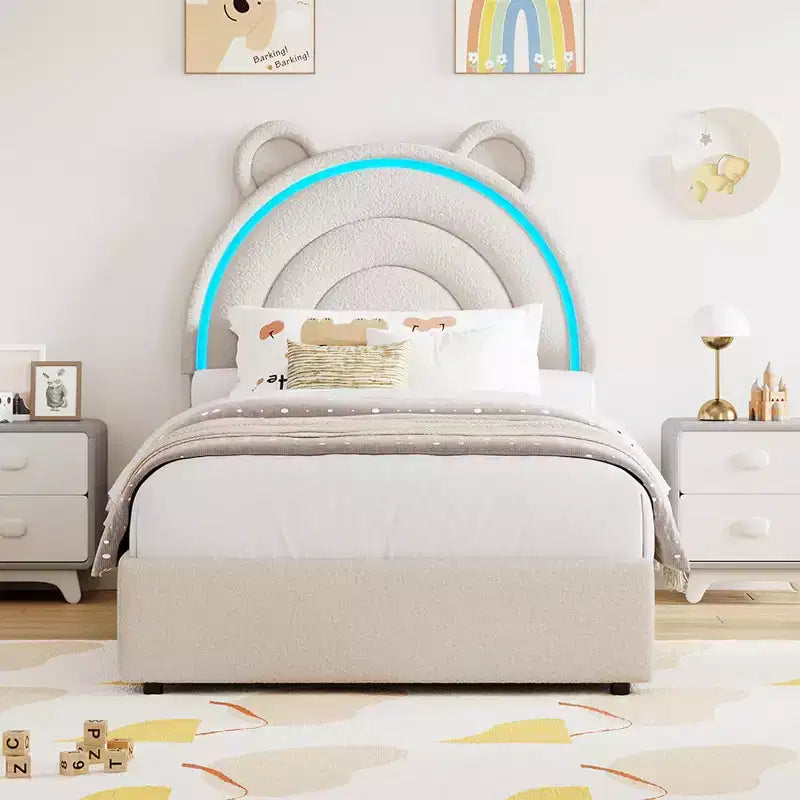 Cadre de lit double rembourré avec 2 tiroirs de rangement et tête de lit arc-en-ciel LED, lit plateforme pour enfants, support à lattes en bois massif, pas besoin de sommier tapissier