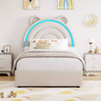 Cadre de lit double rembourré avec 2 tiroirs de rangement et tête de lit arc-en-ciel LED, lit plateforme pour enfants, support à lattes en bois massif, pas besoin de sommier tapissier