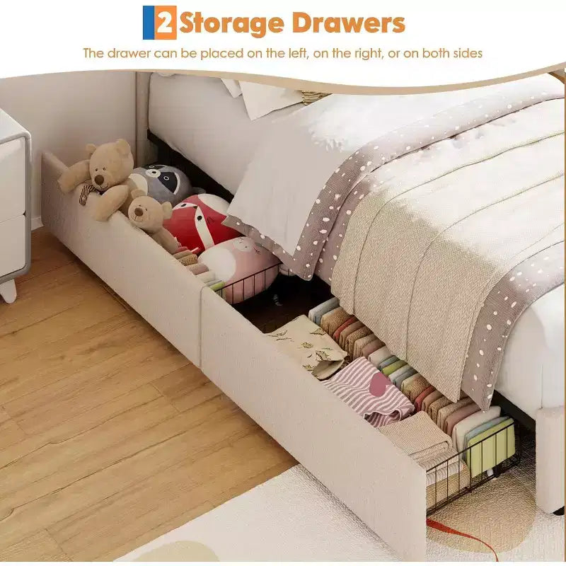 Cadre de lit double rembourré avec 2 tiroirs de rangement et tête de lit arc-en-ciel LED, lit plateforme pour enfants, support à lattes en bois massif, pas besoin de sommier tapissier
