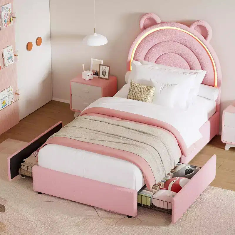 Cadre de lit double rembourré avec 2 tiroirs de rangement et tête de lit arc-en-ciel LED, lit plateforme pour enfants, support à lattes en bois massif, pas besoin de sommier tapissier