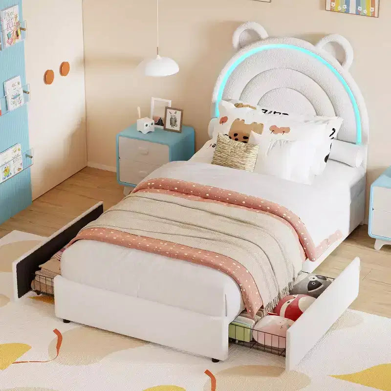 Cadre de lit double rembourré avec 2 tiroirs de rangement et tête de lit arc-en-ciel LED, lit plateforme pour enfants, support à lattes en bois massif, pas besoin de sommier tapissier