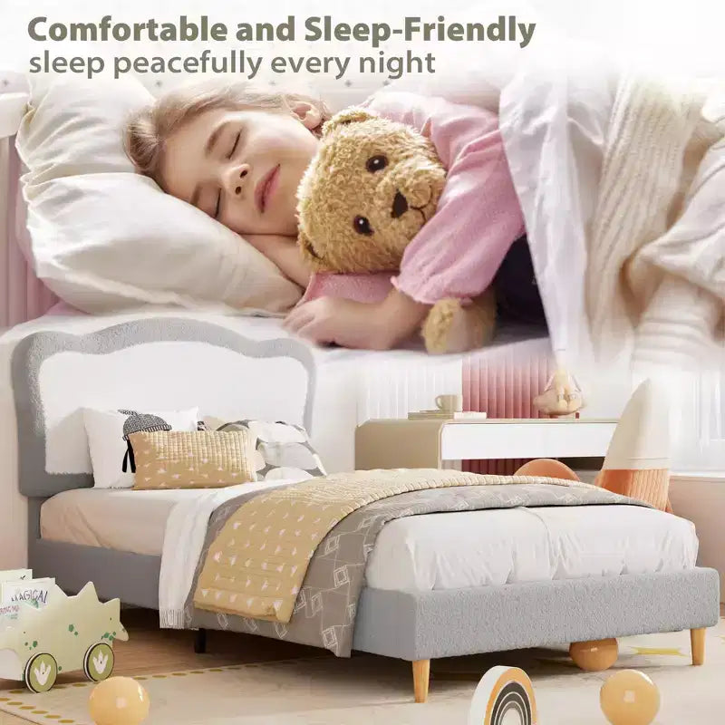 Lit Coolmee Magic Ring en polaire sherpa, pieds en bois massif supportant jusqu'à 158 kg, lattes en MDF avec velcro, silencieux, assemblage sans outils pour enfants, gris