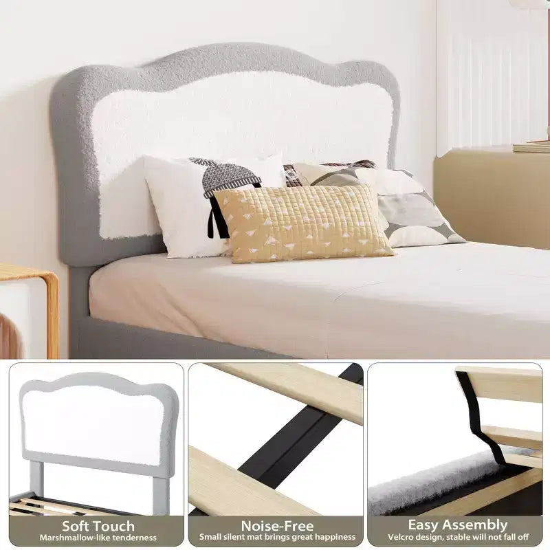 Lit Coolmee Magic Ring en polaire sherpa, pieds en bois massif supportant jusqu'à 158 kg, lattes en MDF avec velcro, silencieux, assemblage sans outils pour enfants, gris