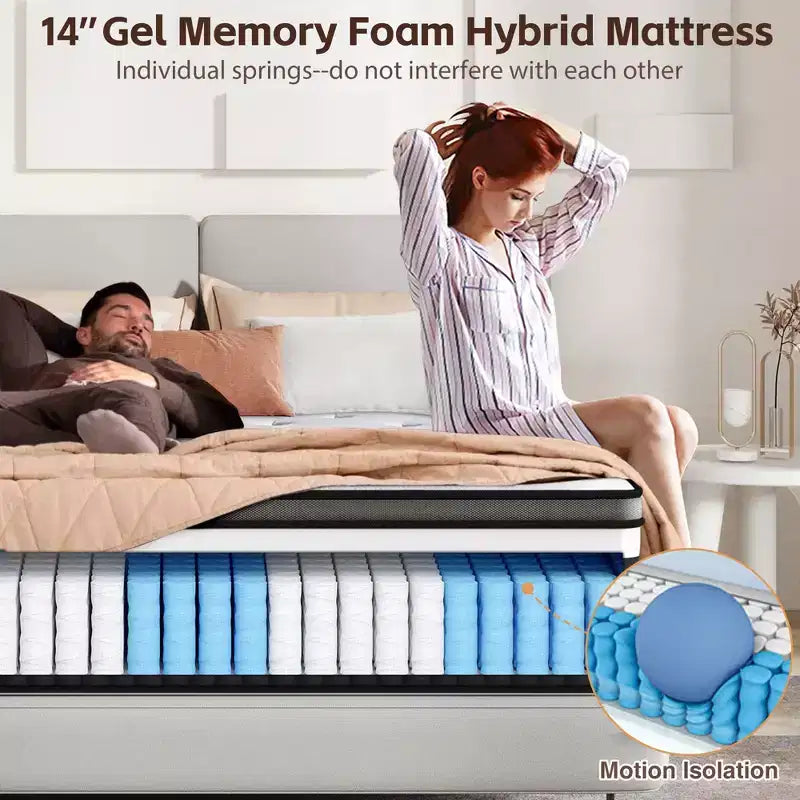 Matelas Queen, matelas hybride en mousse à mémoire de forme au gel de 14 pouces livré en boîte, conception rafraîchissante et respirante, soulagement de la pression zoné, sensation de fermeté moyenne