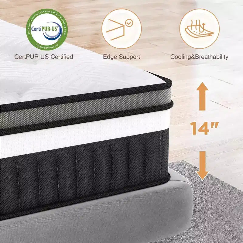 Matelas Queen, matelas hybride en mousse à mémoire de forme au gel de 14 pouces livré en boîte, conception rafraîchissante et respirante, soulagement de la pression zoné, sensation de fermeté moyenne