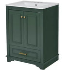 JVNOXK Meuble de salle de bain 61 cm avec lavabo en céramique, meuble de rangement autoportant moderne avec poignées argentées, portes à fermeture douce – Vert