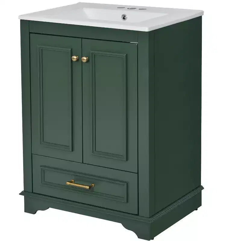 JVNOXK Meuble de salle de bain 61 cm avec lavabo en céramique, meuble de rangement autoportant moderne avec poignées argentées, portes à fermeture douce – Vert