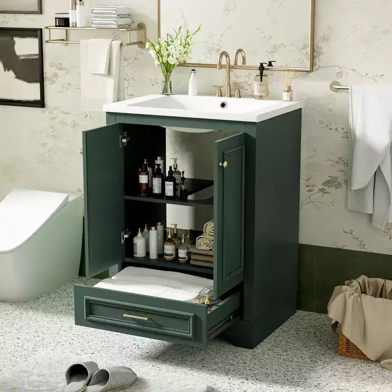 JVNOXK Meuble de salle de bain 61 cm avec lavabo en céramique, meuble de rangement autoportant moderne avec poignées argentées, portes à fermeture douce – Vert