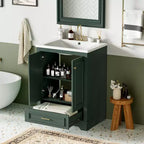 JVNOXK Meuble de salle de bain 61 cm avec lavabo en céramique, meuble de rangement autoportant moderne avec poignées argentées, portes à fermeture douce – Vert