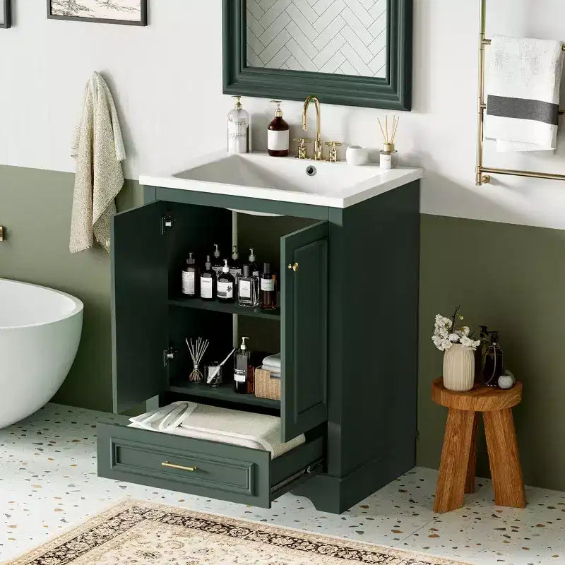 JVNOXK Meuble de salle de bain 61 cm avec lavabo en céramique, meuble de rangement autoportant moderne avec poignées argentées, portes à fermeture douce – Vert
