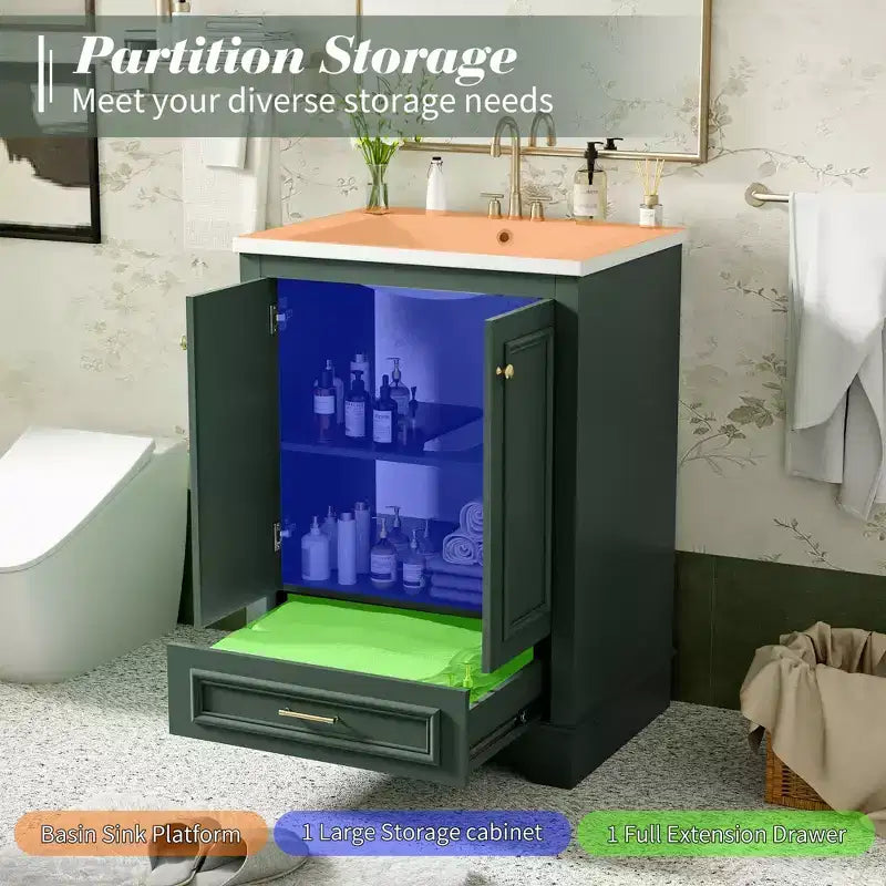 JVNOXK Meuble de salle de bain 61 cm avec lavabo en céramique, meuble de rangement autoportant moderne avec poignées argentées, portes à fermeture douce – Vert