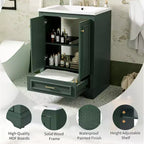 JVNOXK Meuble de salle de bain 61 cm avec lavabo en céramique, meuble de rangement autoportant moderne avec poignées argentées, portes à fermeture douce – Vert