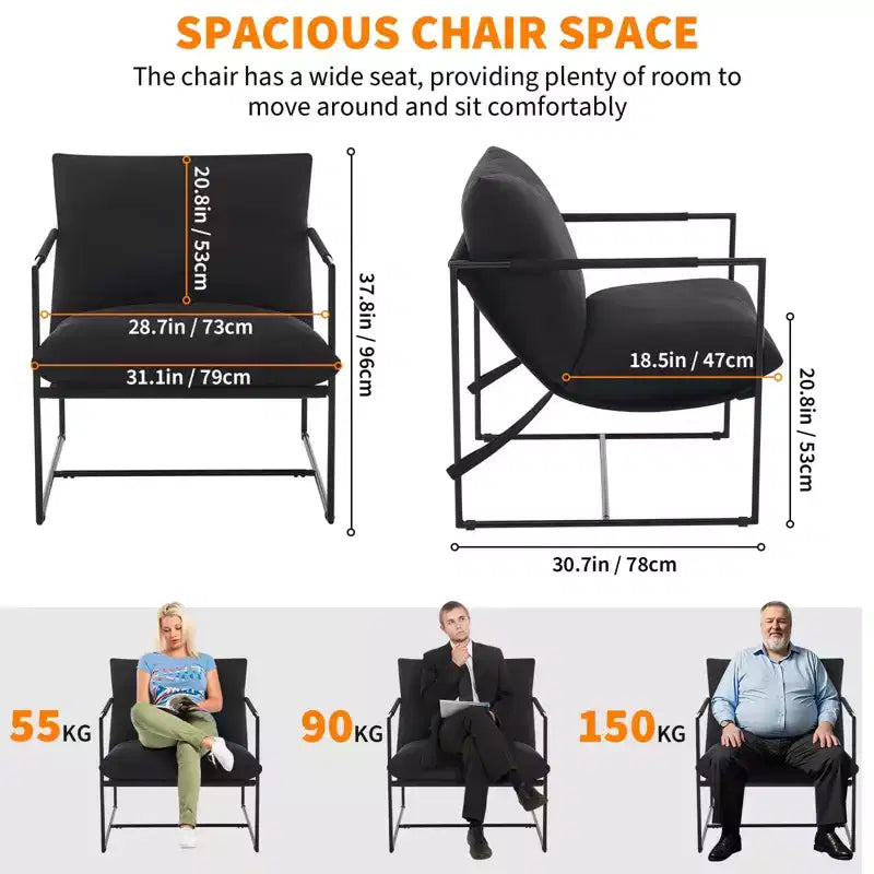 Fauteuil basculant avec structure en métal, chaise de salon moderne et confortable, fauteuil de lecture rembourré avec coussin en mousse déchiquetée, fauteuil surdimensionné