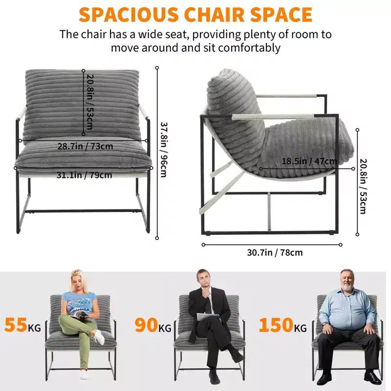 Fauteuil basculant avec structure en métal, chaise de salon moderne et confortable, fauteuil de lecture rembourré avec coussin en mousse déchiquetée, fauteuil surdimensionné
