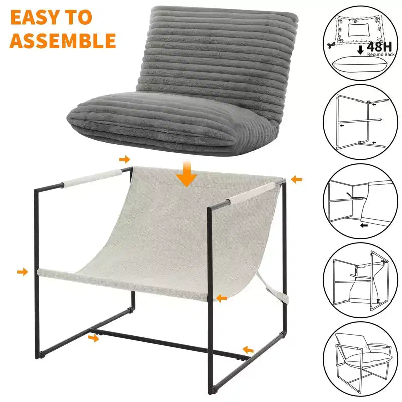 Fauteuil basculant avec structure en métal, chaise de salon moderne et confortable, fauteuil de lecture rembourré avec coussin en mousse déchiquetée, fauteuil surdimensionné