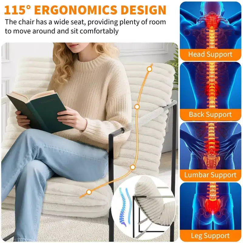 Fauteuil basculant avec structure en métal, chaise de salon moderne et confortable, fauteuil de lecture rembourré avec coussin en mousse déchiquetée, fauteuil surdimensionné