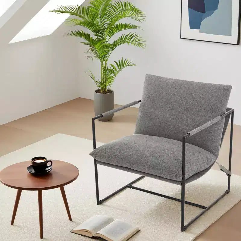 Fauteuil basculant avec structure en métal, chaise de salon moderne et confortable, fauteuil de lecture rembourré avec coussin en mousse déchiquetée, fauteuil surdimensionné
