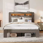 GDFStudio Lyvi Modern Wooden Platform Bed with Storage Headboard and LED Light