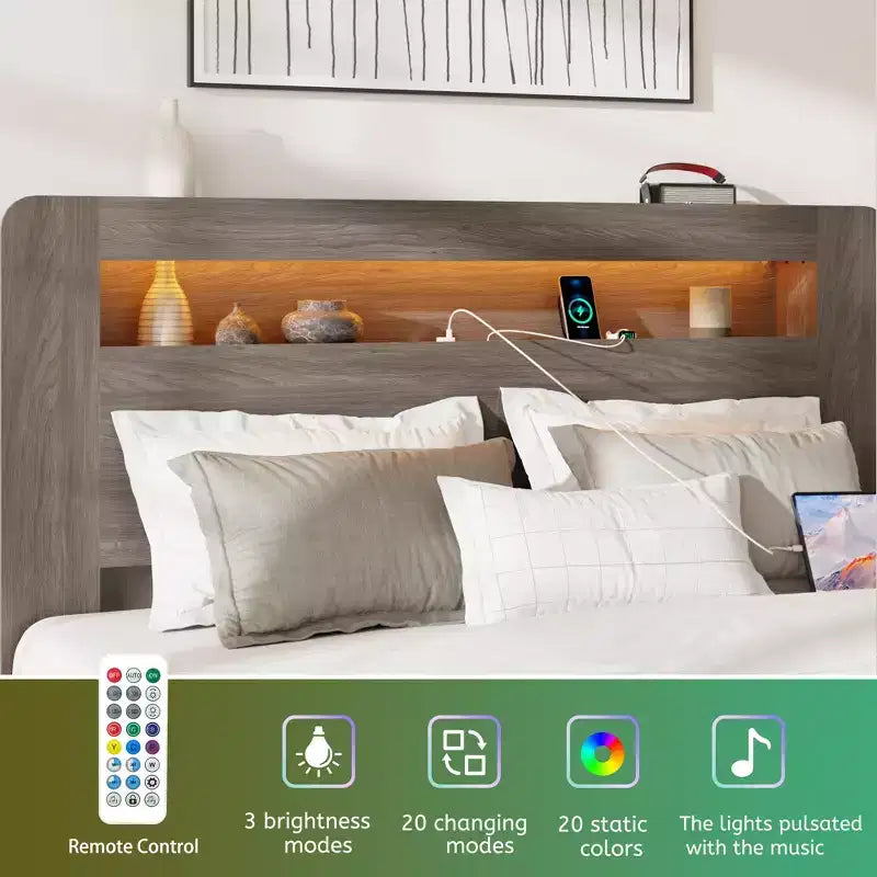 Lit plateforme moderne en bois GDFStudio Lyvi avec tête de lit de rangement et éclairage LED