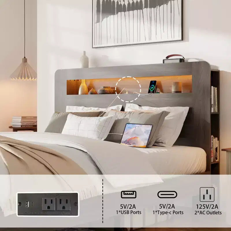 Lit plateforme moderne en bois GDFStudio Lyvi avec tête de lit de rangement et éclairage LED