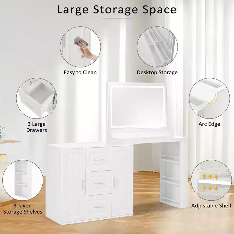 La coiffeuse comprend un miroir avec lumière, 3 tiroirs, 2 armoires et des étagères de rangement. Un tabouret n'est pas inclus. Blanche