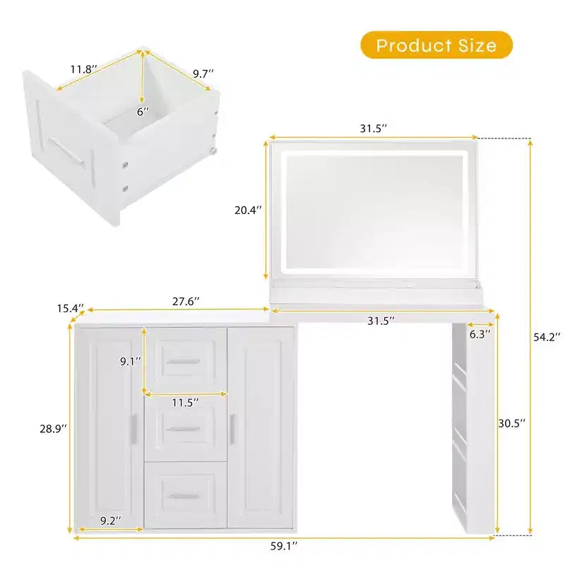 La coiffeuse comprend un miroir avec lumière, 3 tiroirs, 2 armoires et des étagères de rangement. Un tabouret n'est pas inclus. Blanche