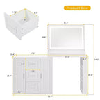 La coiffeuse comprend un miroir avec lumière, 3 tiroirs, 2 armoires et des étagères de rangement. Un tabouret n'est pas inclus. Blanche